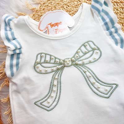 Conj. Regata com Laço Perolado e Short Saia - Verde Pastel e Off White